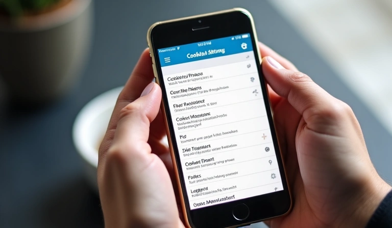 Manos sosteniendo un teléfono móvil con una interfaz de configuración de privacidad de cookies, mostrando opciones de gestión.